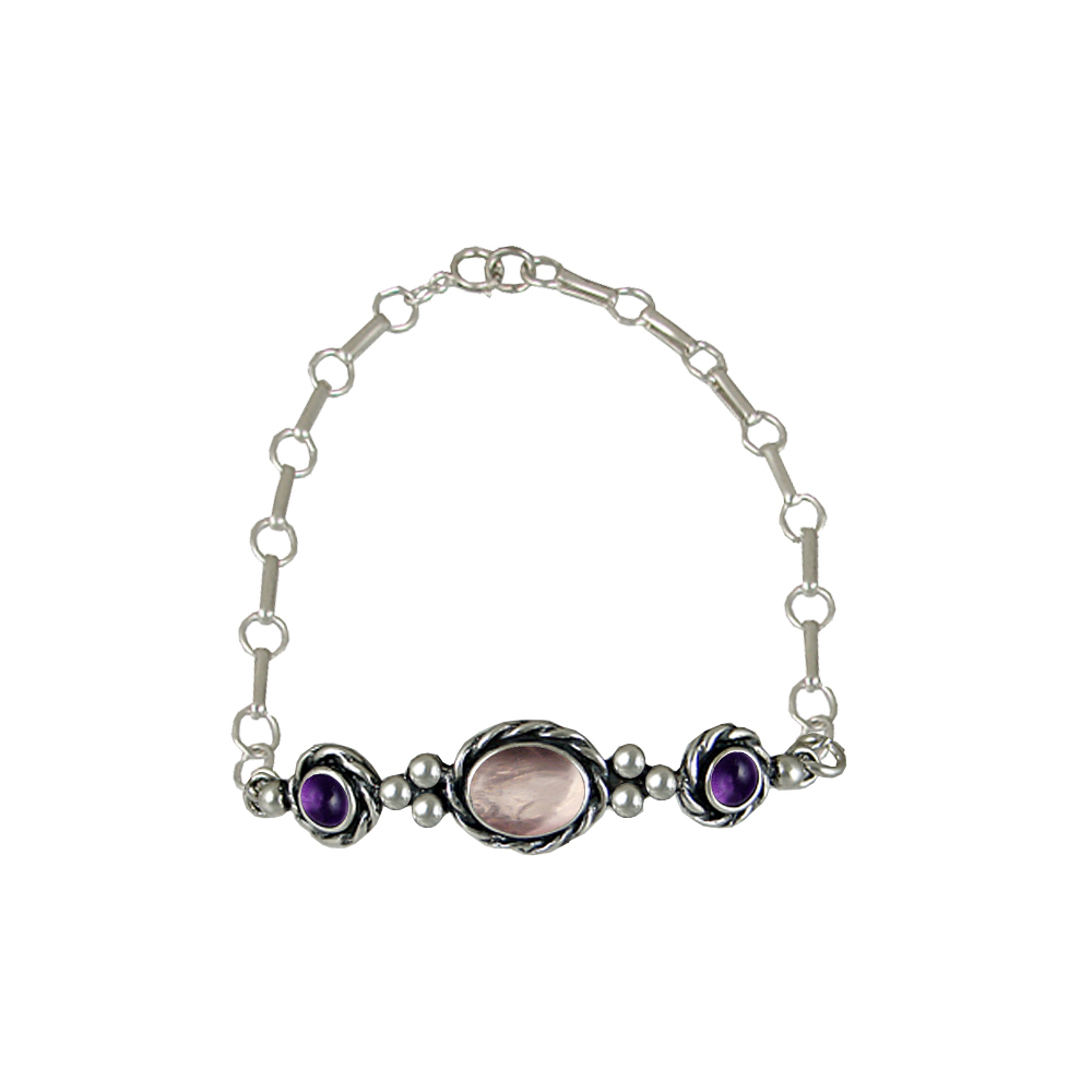 Sterling Silver Gemstone Adjustable Chain Bracelet With Rose Quartz And Amethyst